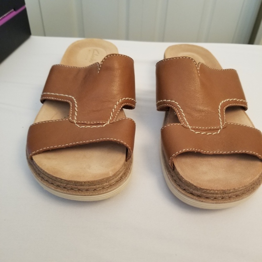 Clarks Artisan Women Tan Brown Leather H-Strap Slide Sandals Contrast Stitch 8.5